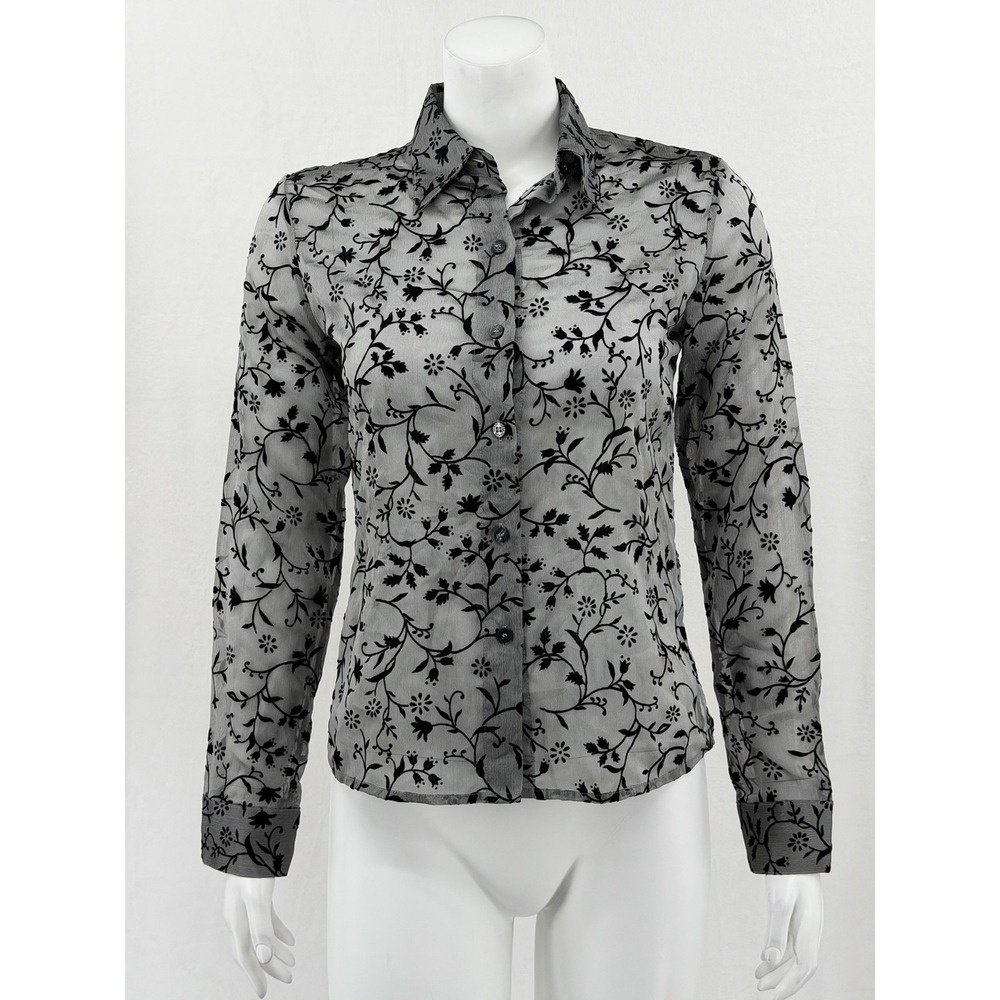 Vintage Guess‎ Top Womens Small Gray Black Sheer Velvet Fairy Grunge Button Up